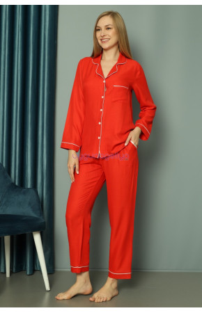 Kırmızı Renk Önden Düğmeli Teknur 2493 Dokuma Kumaş  Uzun Kol Kadın Pijama Takımı