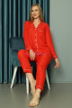 kırmızı renk önden düğmeli teknur 2493 dokuma kumaş  uzun kol kadın pijama takımı, teknur-2493, teknur pijama takımı