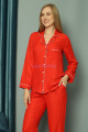 kırmızı renk önden düğmeli teknur 2493 dokuma kumaş  uzun kol kadın pijama takımı, teknur-2493, teknur pijama takımı
