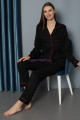 siyah renk önden düğmeli teknur 2495 dokuma kumaş  uzun kol kadın pijama takımı, teknur-2495, teknur pijama takımı