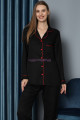 siyah renk önden düğmeli teknur 2495 dokuma kumaş  uzun kol kadın pijama takımı, teknur-2495, teknur pijama takımı