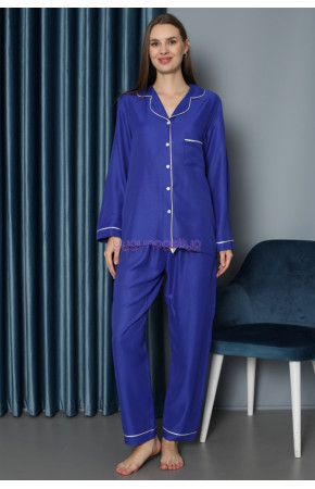 Mavi Renk Önden Düğmeli Teknur 2496 Dokuma Kumaş  Uzun Kol Kadın Pijama Takımı