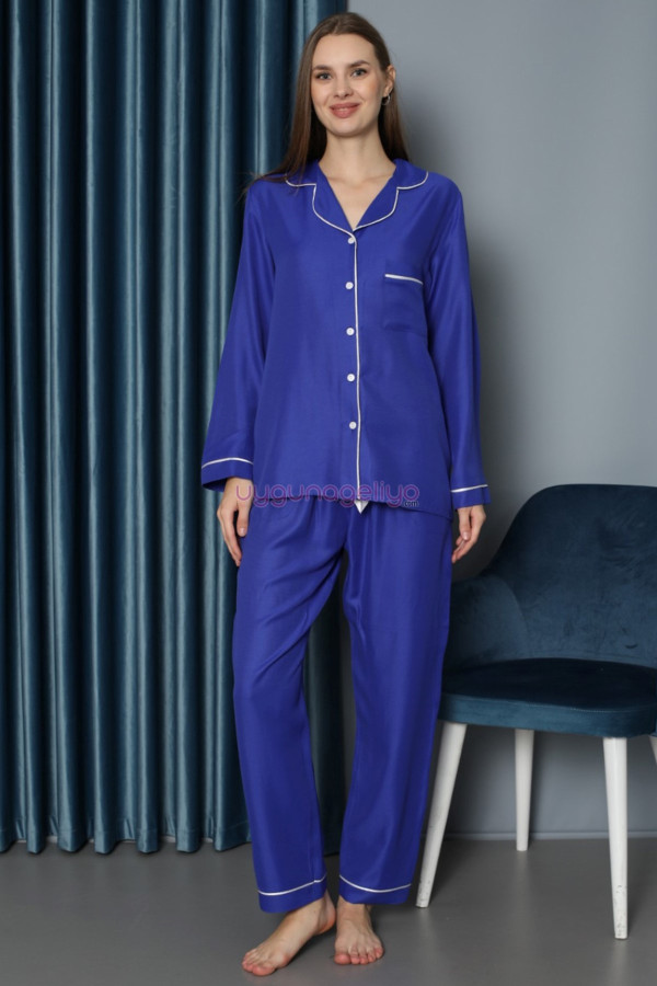 mavi renk önden düğmeli teknur 2496 dokuma kumaş  uzun kol kadın pijama takımı, teknur-2496, teknur pijama takımı, Teknur