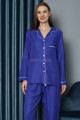 mavi renk önden düğmeli teknur 2496 dokuma kumaş  uzun kol kadın pijama takımı, teknur-2496, teknur pijama takımı