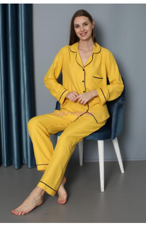 Sarı Renk Önden Düğmeli Teknur 2497 Dokuma Kumaş  Uzun Kol Kadın Pijama Takımı
