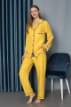 sarı renk önden düğmeli teknur 2497 dokuma kumaş  uzun kol kadın pijama takımı, teknur-2497, teknur pijama takımı