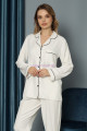 beyaz renk önden düğmeli teknur 2499 dokuma kumaş  uzun kol kadın pijama takımı, teknur-2499, teknur pijama takımı