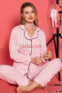Pembe Beyaz Çizgili, Önden Düğmeli Teknur 68903 Mevsimlik Örme Kumaş Uzun Kol Kadın Pijama Takımı