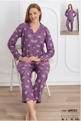 Lila Renkli, Çiçek Desenli Önden Düğmeli Teknur 69751 Dokuma Kumaş Uzun Kol Kadın Pijama Takımı