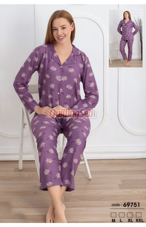 Lila Renkli, Çiçek Desenli Önden Düğmeli Teknur 69751 Dokuma Kumaş Uzun Kol Kadın Pijama Takımı
