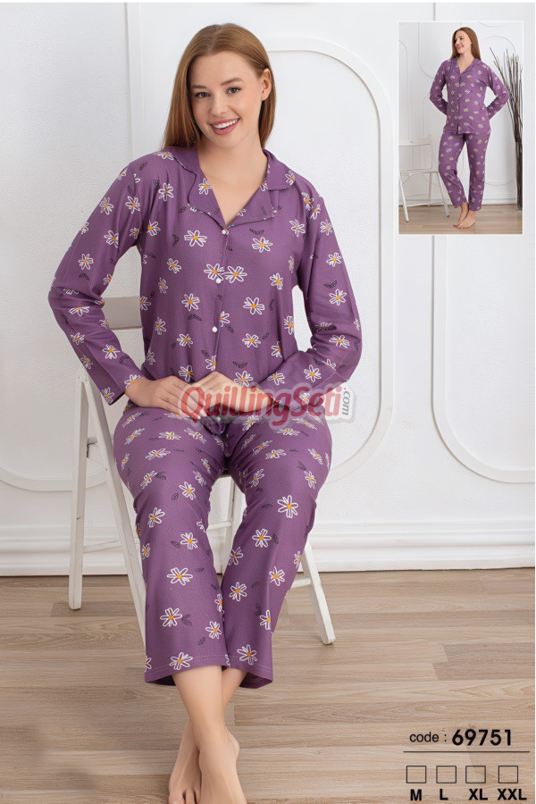lila renkli, çiçek desenli önden düğmeli teknur 69751 dokuma kumaş uzun kol kadın pijama takımı, 8509990015206, teknur pijama takımı, Teknur