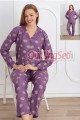 lila renkli, çiçek desenli önden düğmeli teknur 69751 dokuma kumaş uzun kol kadın pijama takımı, 8509990015206, teknur pijama takımı, Teknur