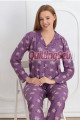 lila renkli, çiçek desenli önden düğmeli teknur 69751 dokuma kumaş uzun kol kadın pijama takımı, 8509990015206, teknur pijama takımı, Teknur