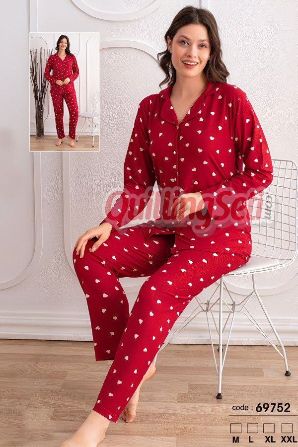 kırmızı renkli, kalp desenli önden düğmeli teknur 69752 dokuma kumaş uzun kol gömlek yaka kadın pijama takımı, 8509990015244, teknur pijama takımı, Teknur
