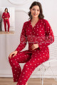 kırmızı renkli, kalp desenli önden düğmeli teknur 69752 dokuma kumaş uzun kol gömlek yaka kadın pijama takımı, 8509990015244, teknur pijama takımı, Teknur