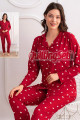kırmızı renkli, kalp desenli önden düğmeli teknur 69752 dokuma kumaş uzun kol gömlek yaka kadın pijama takımı, 8509990015244, teknur pijama takımı, Teknur