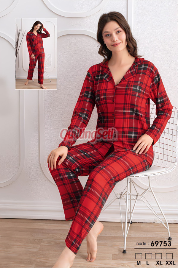 kırmızı renkli, ekose desenli önden düğmeli teknur 69753 dokuma kumaş uzun kol gömlek yaka kadın pijama takımı, 8509990015282, teknur pijama takımı, Teknur