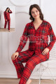 kırmızı renkli, ekose desenli önden düğmeli teknur 69753 dokuma kumaş uzun kol gömlek yaka kadın pijama takımı, 8509990015282, teknur pijama takımı, Teknur