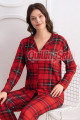kırmızı renkli, ekose desenli önden düğmeli teknur 69753 dokuma kumaş uzun kol gömlek yaka kadın pijama takımı, 8509990015282, teknur pijama takımı, Teknur