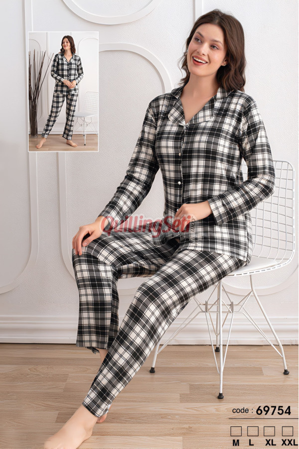 siyah beyaz renkli, ekose desenli önden düğmeli teknur 69754 dokuma kumaş uzun kol gömlek yaka kadın pijama takımı, 8509990015329, teknur pijama takımı, Teknur