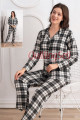 siyah beyaz renkli, ekose desenli önden düğmeli teknur 69754 dokuma kumaş uzun kol gömlek yaka kadın pijama takımı, 8509990015329, teknur pijama takımı, Teknur