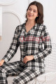siyah beyaz renkli, ekose desenli önden düğmeli teknur 69754 dokuma kumaş uzun kol gömlek yaka kadın pijama takımı, 8509990015329, teknur pijama takımı, Teknur