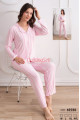 pembe renkli, çizgi desenli önden düğmeli teknur 69755 dokuma kumaş uzun kol gömlek yaka kadın pijama takımı, 8509990015367, teknur pijama takımı, Teknur