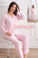 pembe renkli, çizgi desenli önden düğmeli teknur 69755 dokuma kumaş uzun kol gömlek yaka kadın pijama takımı, 8509990015367, teknur pijama takımı, Teknur