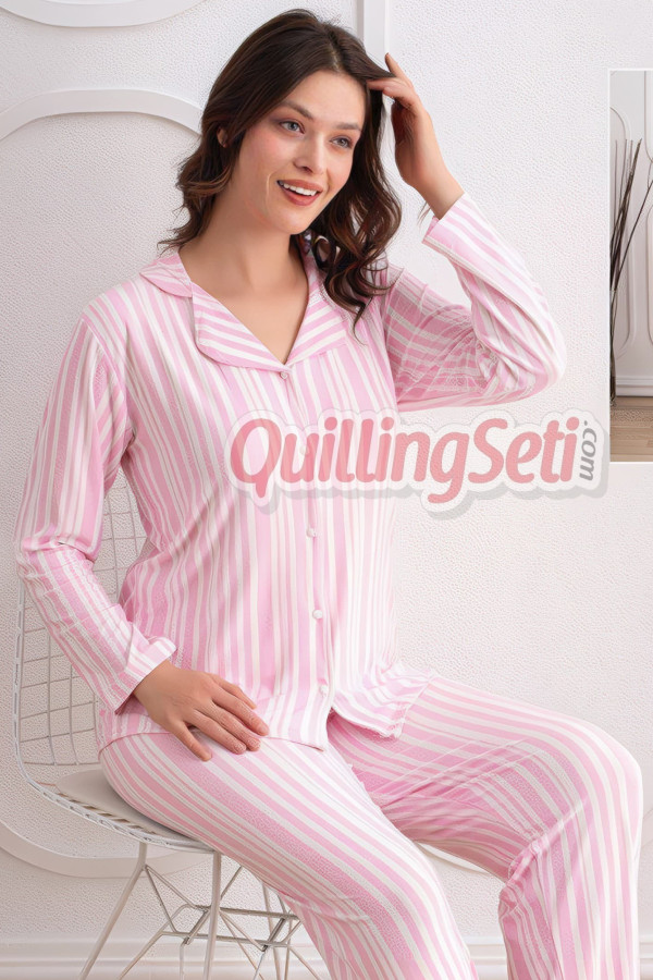 pembe renkli, çizgi desenli önden düğmeli teknur 69755 dokuma kumaş uzun kol gömlek yaka kadın pijama takımı, 8509990015367, teknur pijama takımı, Teknur