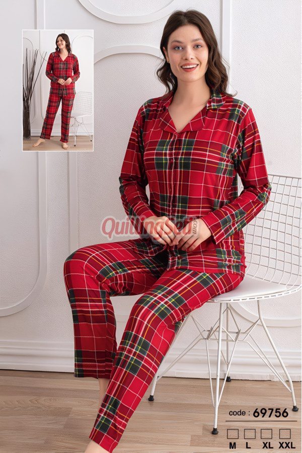 kırmızı renkli, ekose - kare desenli önden düğmeli teknur 69756 dokuma kumaş uzun kol gömlek yaka kadın pijama takımı, 8509990015404, teknur pijama takımı, Teknur