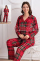 kırmızı renkli, ekose - kare desenli önden düğmeli teknur 69756 dokuma kumaş uzun kol gömlek yaka kadın pijama takımı, 8509990015404, teknur pijama takımı, Teknur