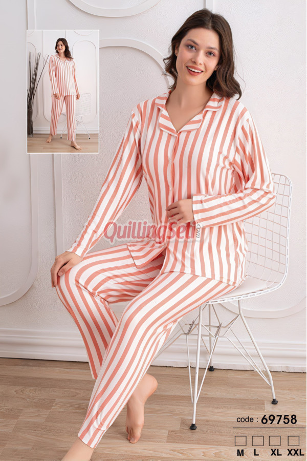 turuncu renkli, çizgi desenli önden düğmeli teknur 69758 dokuma kumaş uzun kol gömlek yaka kadın pijama takımı, 8509990015480, teknur pijama takımı, Teknur