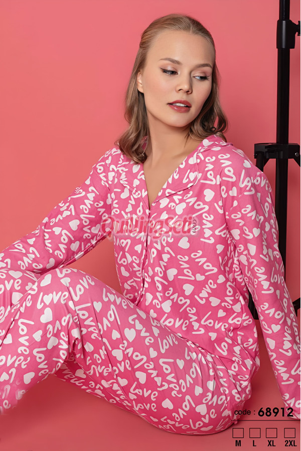 pembe renkli, love yazı desenli önden düğmeli teknur 69912 dokuma kumaş uzun kol gömlek yaka kadın pijama takımı, 8509990015527, teknur pijama takımı, Teknur