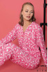Pembe Renkli, Love Yazı Desenli Önden Düğmeli Teknur 69912 Dokuma Kumaş Uzun Kol Gömlek Yaka Kadın Pijama Takımı