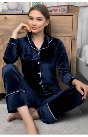 Kadife Önden Düğmeli Pijama Takımı - Lemaries 30100 Lacivert  Renk  Kadife Kumaş Önden Düğmeli Bayan Pijama Takımı