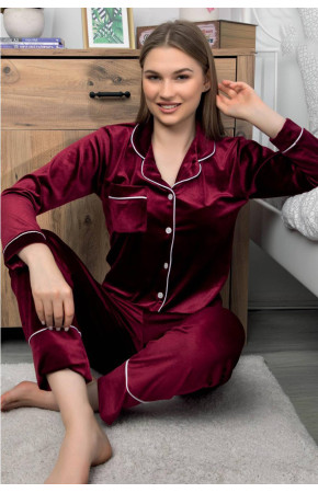 Kadife Önden Düğmeli Pijama Takımı - Lemaries 30101 Bordo Renk  Kadife Kumaş Önden Düğmeli Bayan Pijama Takımı