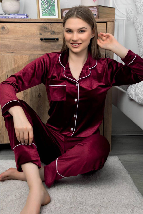 kadife önden düğmeli pijama takımı - lemaries 30101 bordo renk  kadife kumaş önden düğmeli bayan pijama takımı, lemaries 30101, önden düğmeli pijama takımı