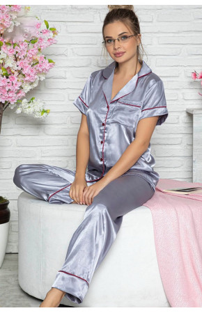 Jenika 43449 Gri Kadın Saten Önden Düğmeli Pijama Takımı