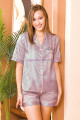 gri renk önden düğmeli lady 15010 kısa kol ve şortlu saten pijama takımı, lady-15010, lady pijama takımı, Lady