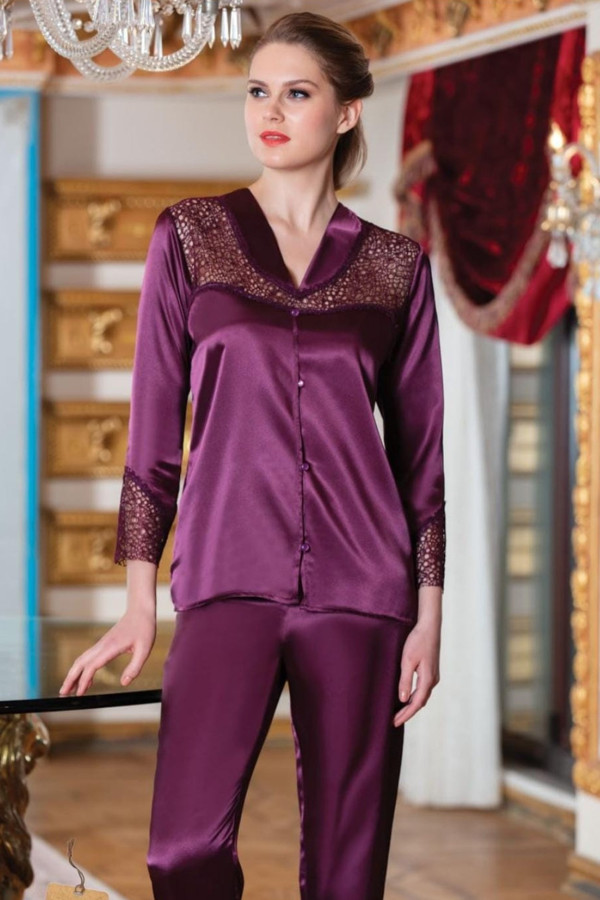 tuba 21957  mürdüm renkli dantel detaylı saten 2 li pijama takım, tubastn21957, bayan pijama takımı, Tuba