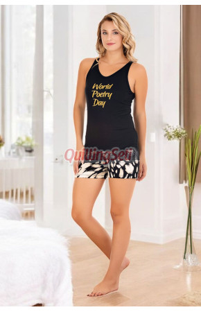 Siyah - Beyaz Renk ve Desenli Lady 7727 Kadın Pamuk Viskon Likralı Şortlu Pijama Takımı