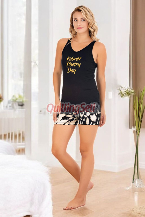 siyah - beyaz renk ve desenli lady 7727 kadın pamuk viskon likralı şortlu pijama takımı, 8509990029814, lady pijama takımı, Lady