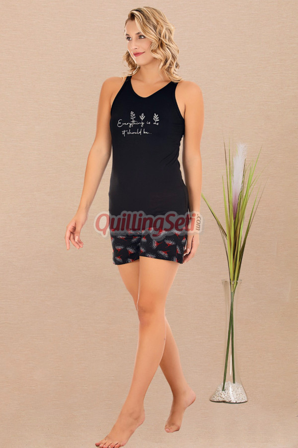 siyah renk ve çiçek desenli lady 7733 kadın pamuk viskon likralı şortlu pijama takımı, 8509990029432, lady pijama takımı, Lady