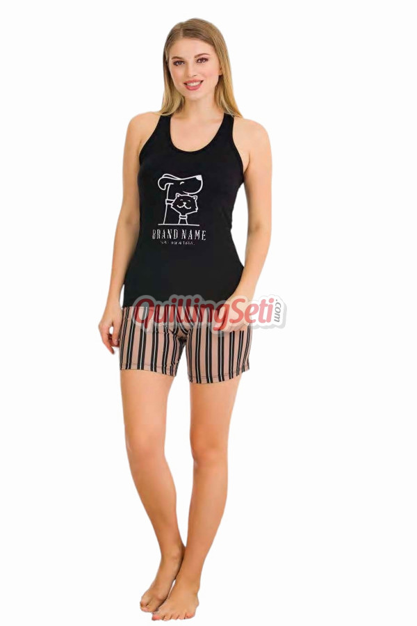 siyah renk ve çizgili lady 7711 kadın pamuk viskon likralı şortlu pijama takımı, 8509990024369, lady pijama takımı, Lady