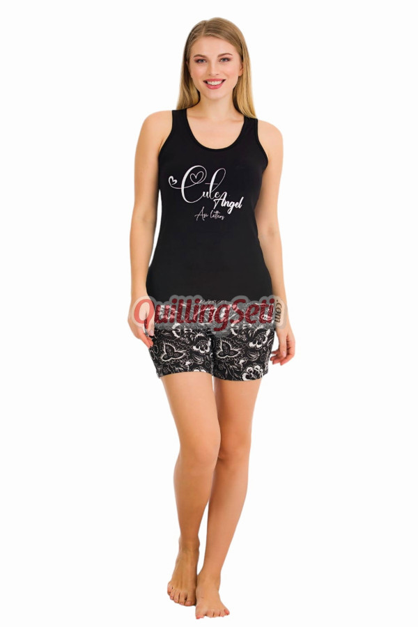 siyah renk ve çiçekli lady 7712 kadın pamuk viskon likralı şortlu pijama takımı, 8509990024390, lady pijama takımı, Lady