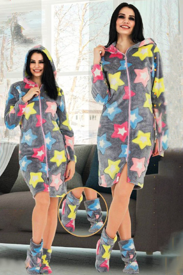 kadın kapüşonlu welsoft kumaş kışlık gri renk ve yıldız desenli tunik - teknur 58006 kışlık kapüşonlu tunik, tknr-58006, teknur pijama takımı, Teknur