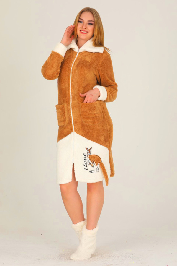 kadın kapüşonlu welsoft kumaş kışlık sarı - beyaz renk tunik & sabahlık  - teknur 59051 kışlık kapüşonlu tunik, tknr-59051, teknur pijama takımı, Teknur