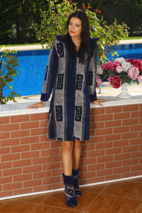 kadın kapüşonlu welsoft kumaş kışlık lacivert renk ve desenli tunik - teknur 59081 kışlık kapüşonlu tunik, tknr-59081, teknur pijama takımı, Teknur