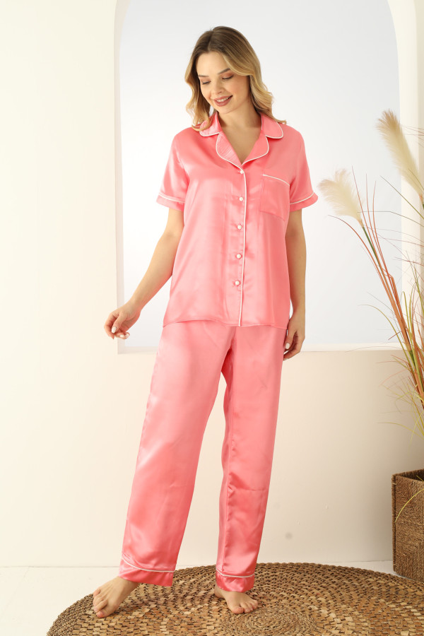 nar çiçeği renk önden düğmeli teknur 2708 kısa kol saten pijama takımı, teknur-2708, bayan pijama takımı, Teknur