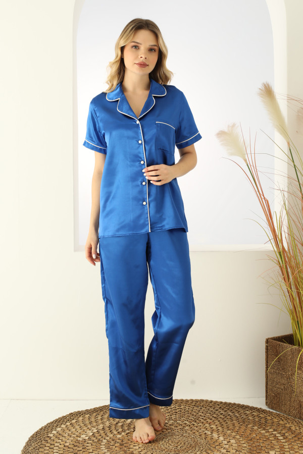 mavi renk önden düğmeli teknur 2710 kısa kol saten pijama takımı, teknur-2710, bayan pijama takımı, Teknur